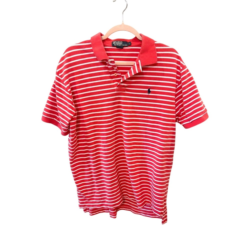 Polo Ralph Lauren Mens Large Red White Striped Short Sleeve Cotton Pique Polo